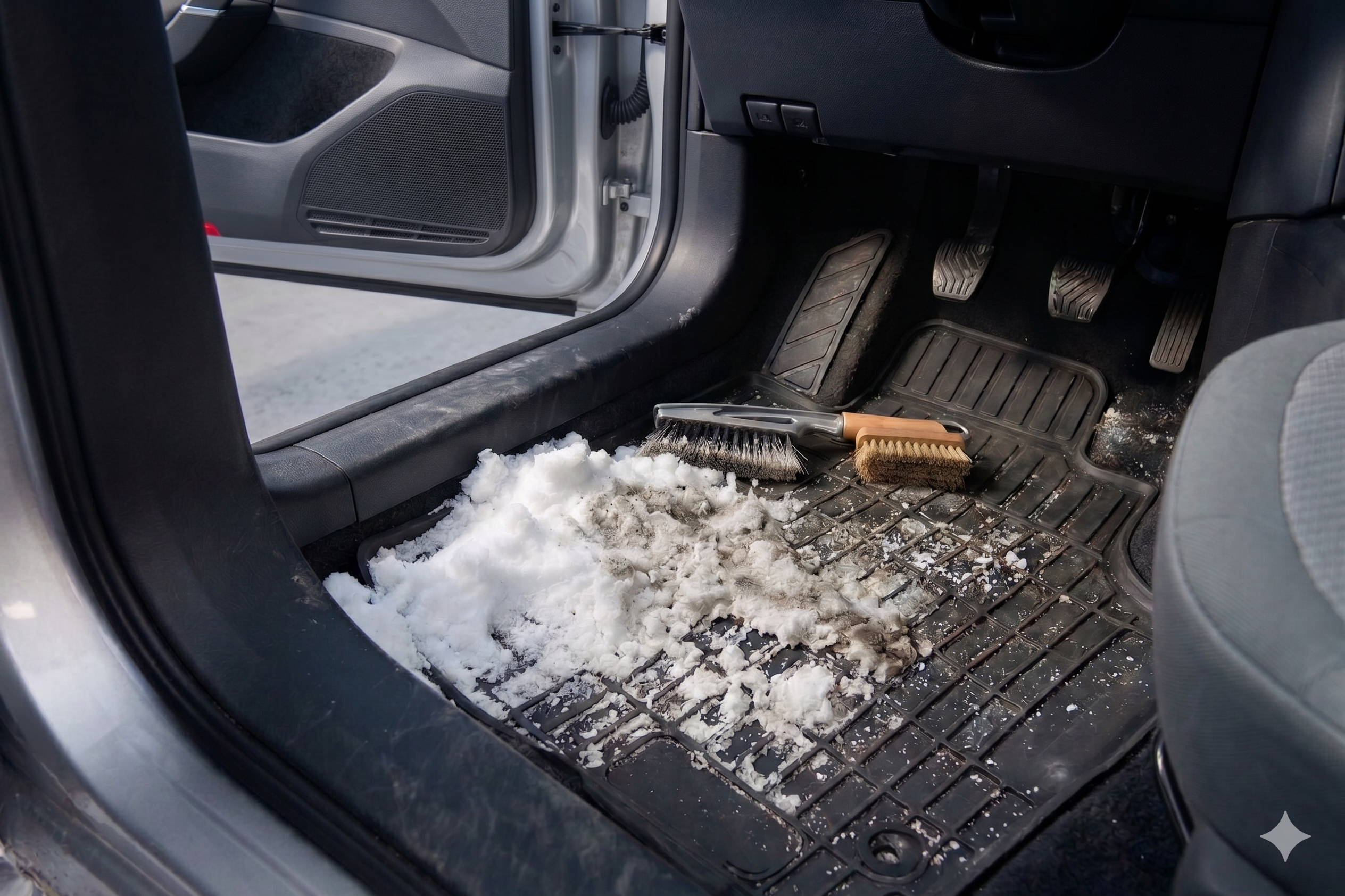 Une voiture en cours de nettoyage extérieur, mettant en évidence l'utilisation d'un shampooing auto doux sur la carrosserie, avec un focus sur les zones typiquement affectées par le sel.