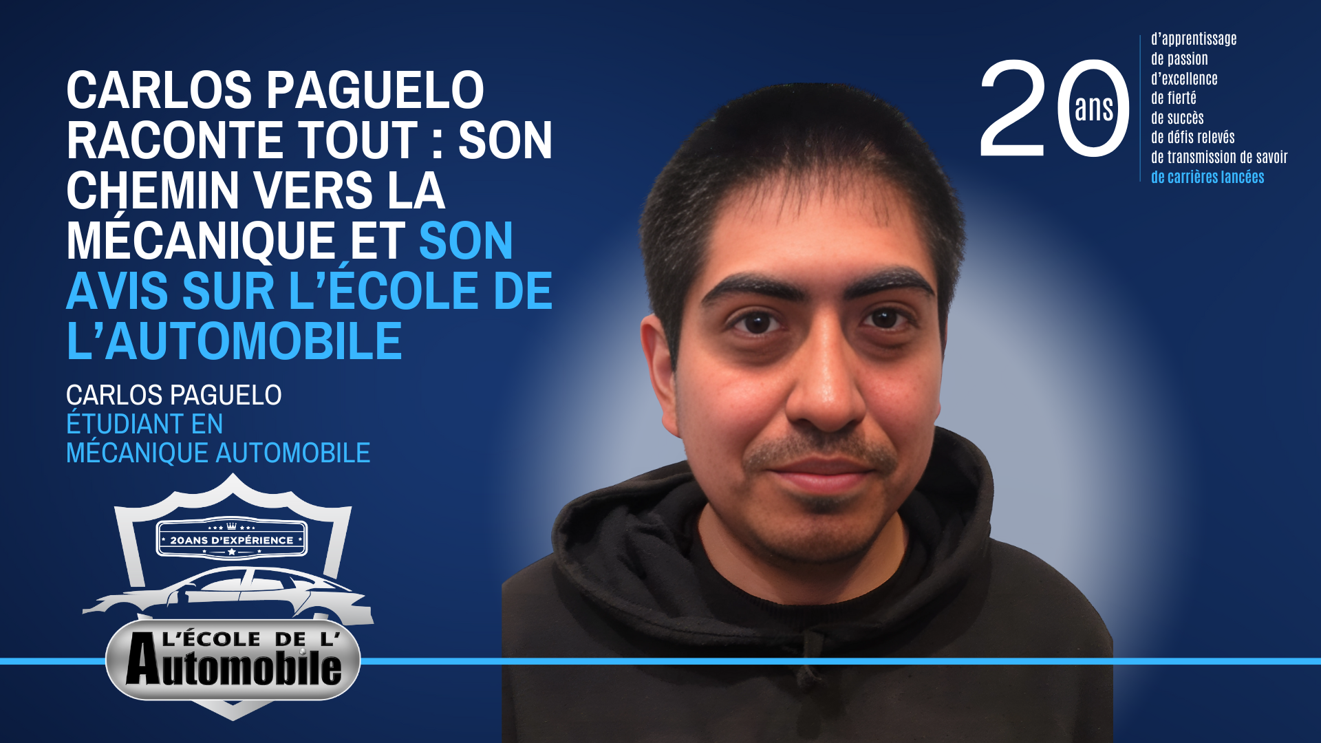 Carlos, étudiant en mécanique automobile, dans l’atelier de L’École de L’Automobile à Montréal, entouré d’outils et de véhicules en formation.
