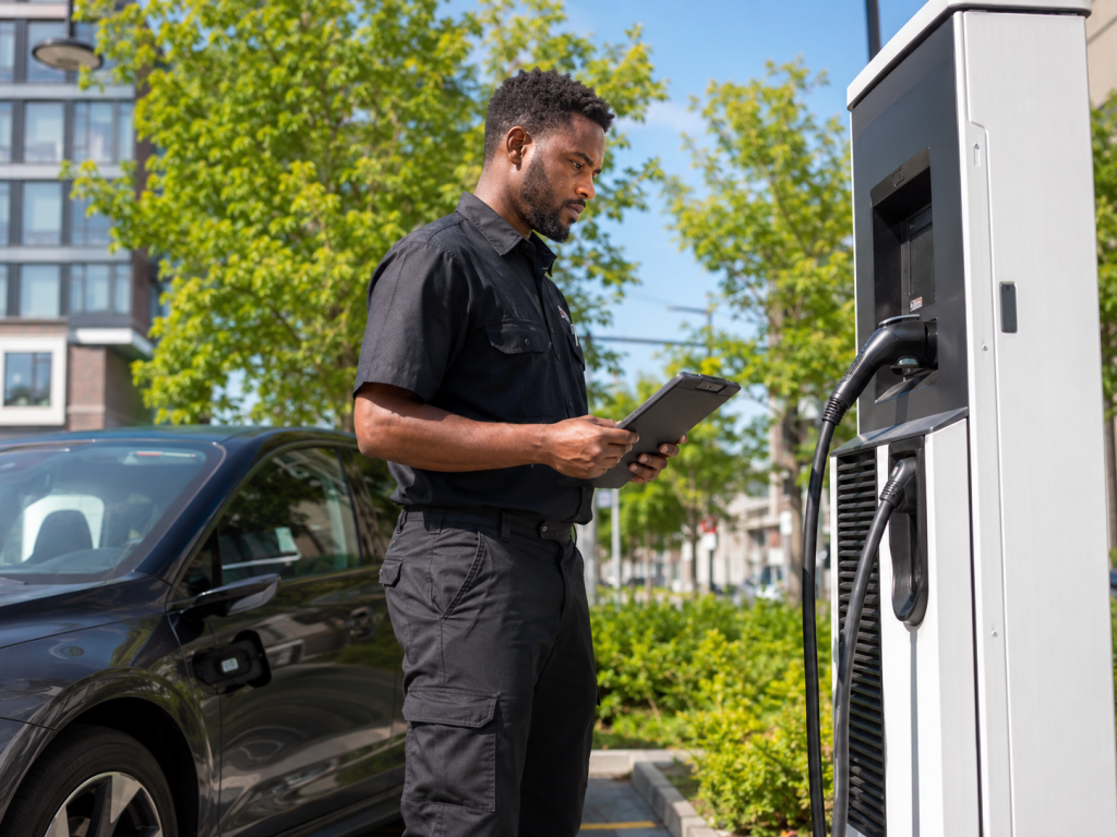 technicien VÉ observant une borne de recharge à Montréal en été