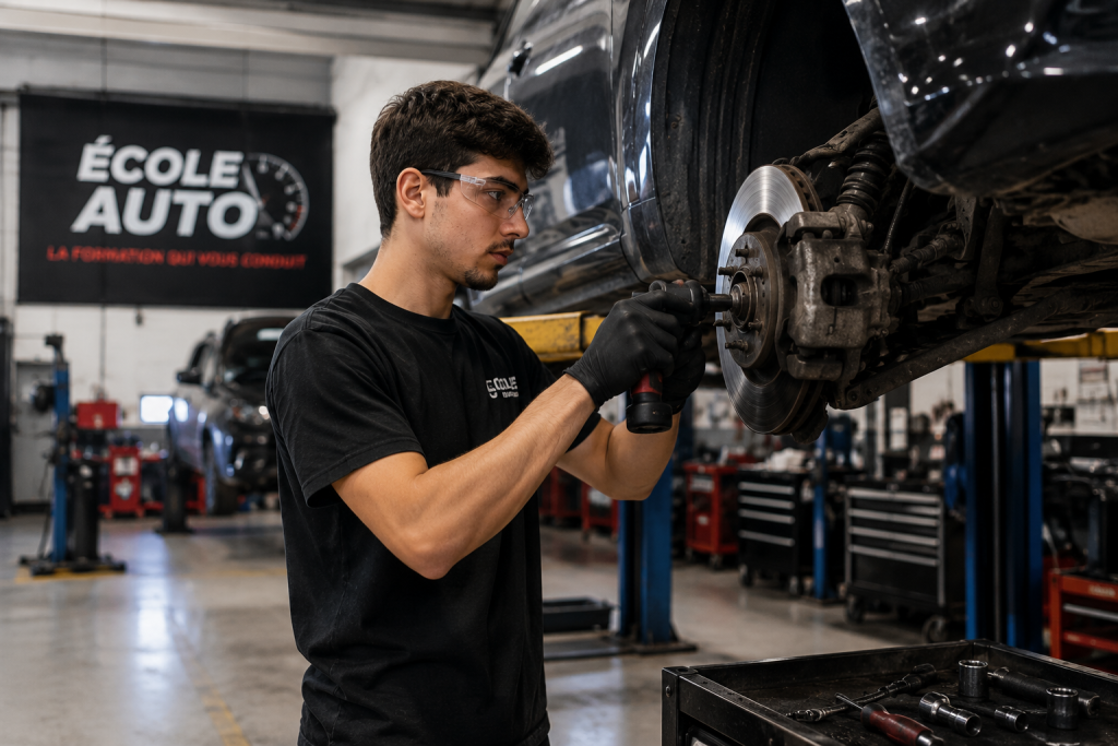 étudiant en formation mécanique automobile effectuant un entretien sur un véhicule