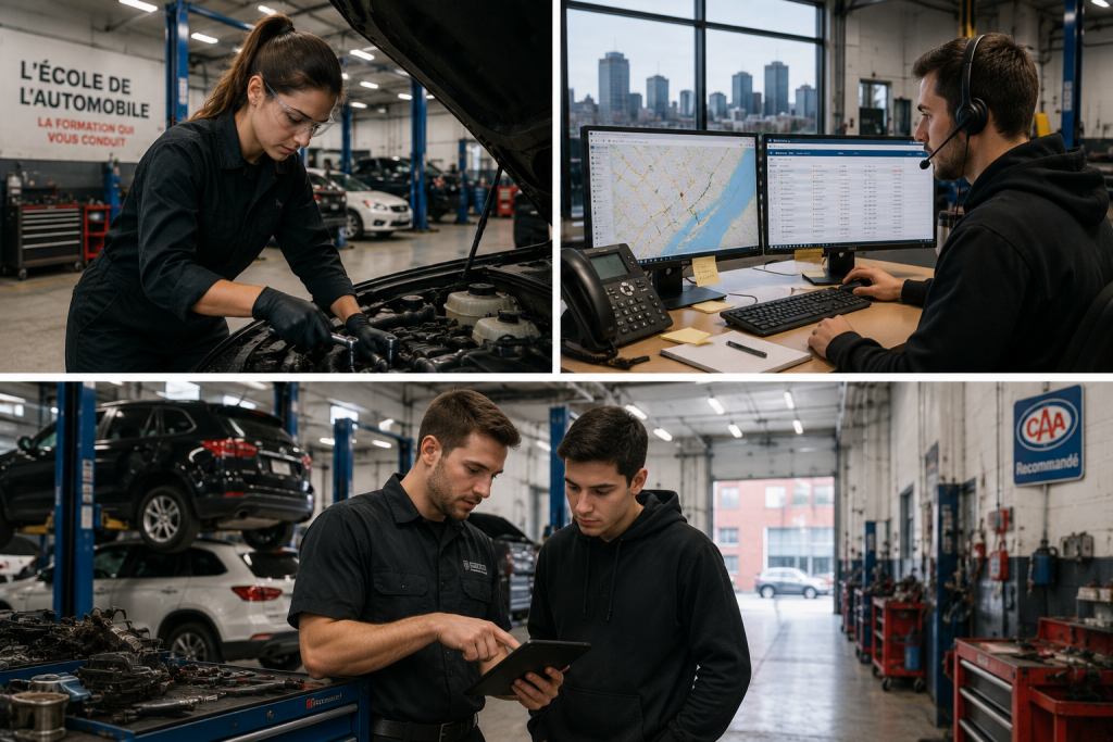 étudiants en école de mécanique dans un garage moderne à Montréal