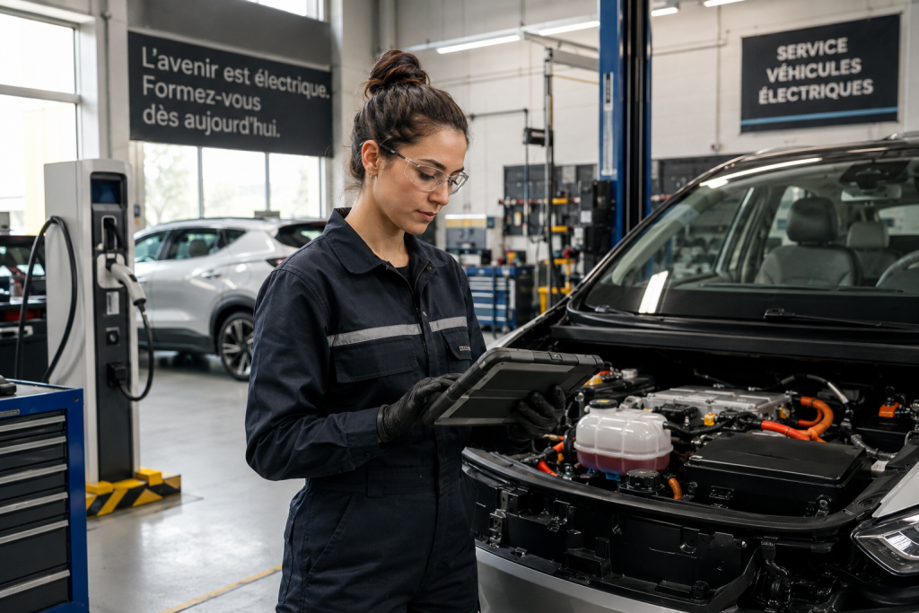étudiante en formation hybride électrique apprenant le diagnostic véhicule électrique