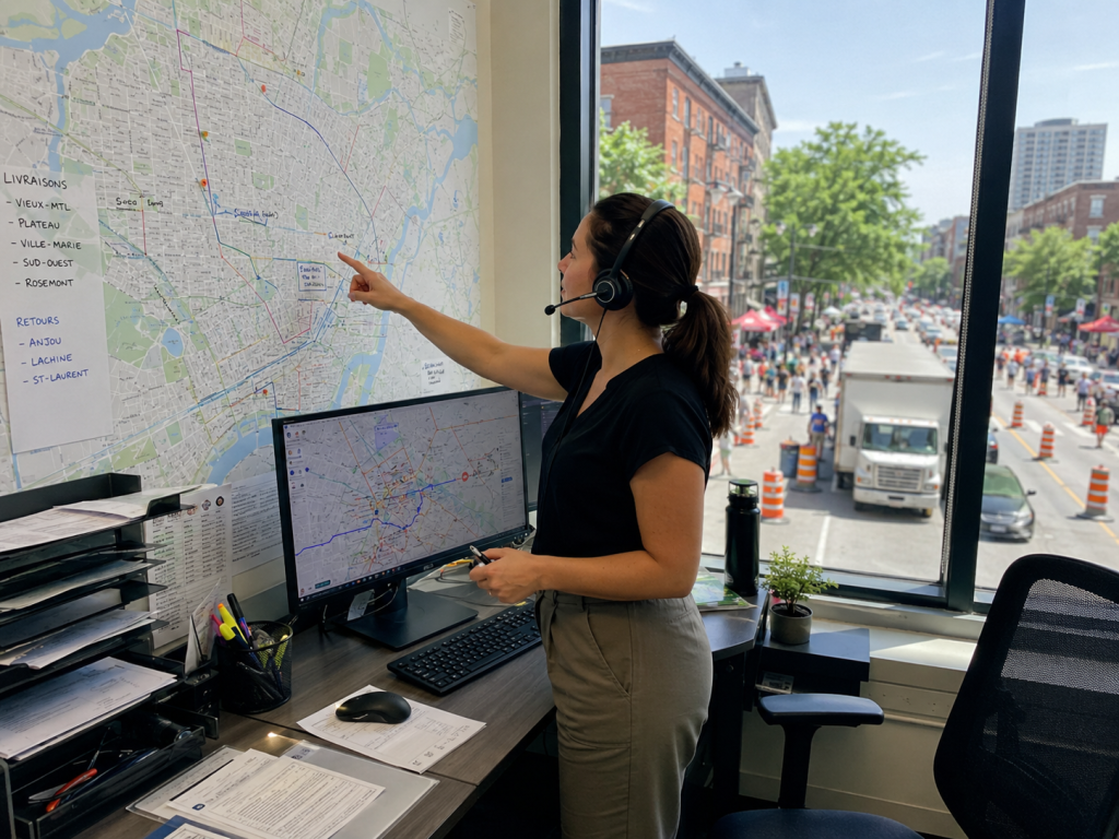 répartitrice en transport routier analysant une carte de livraison