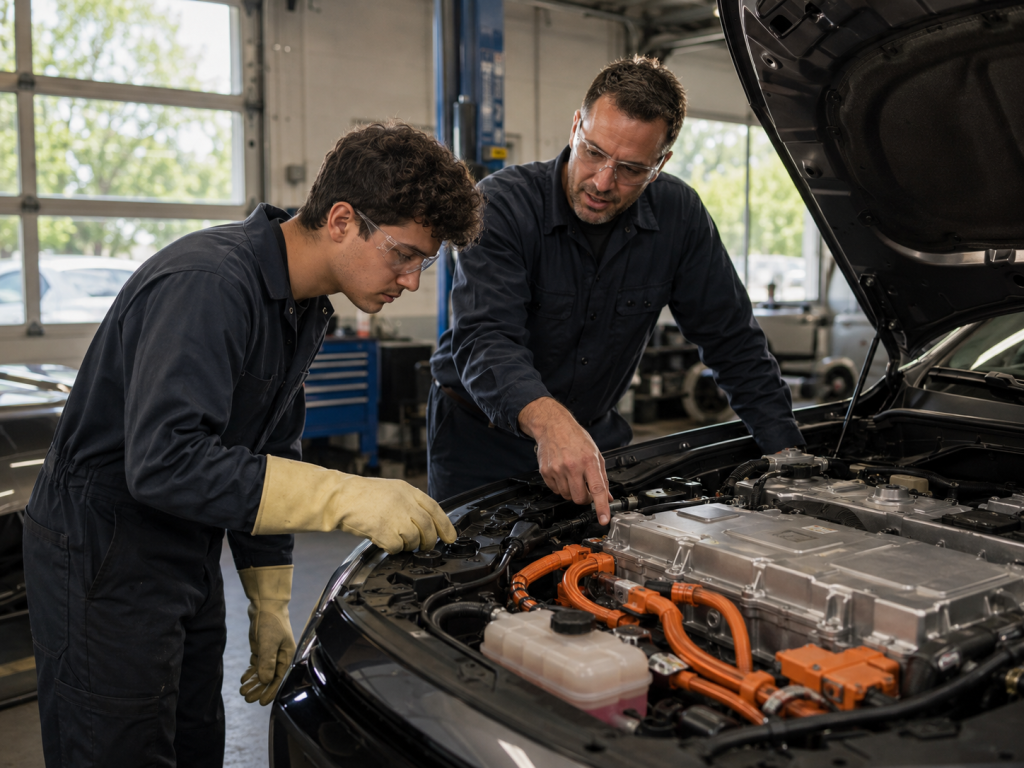 étudiant en formation hybride électrique apprenant les règles de sécurité