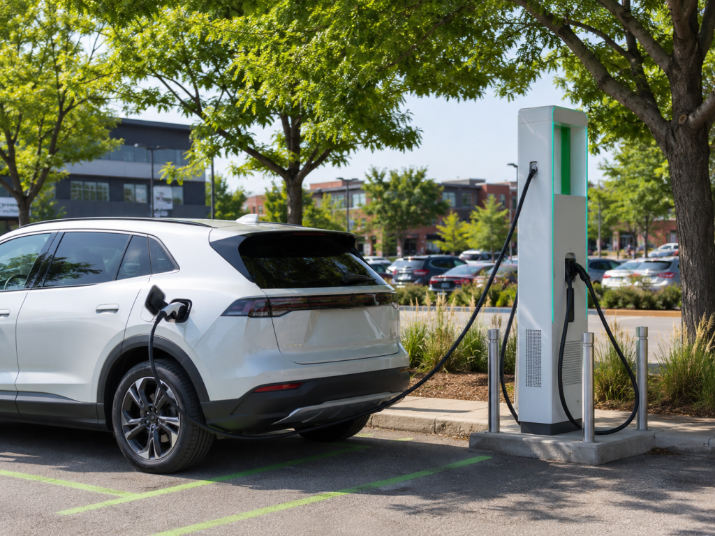 véhicule électrique branché à une borne publique dans la région montréalaise