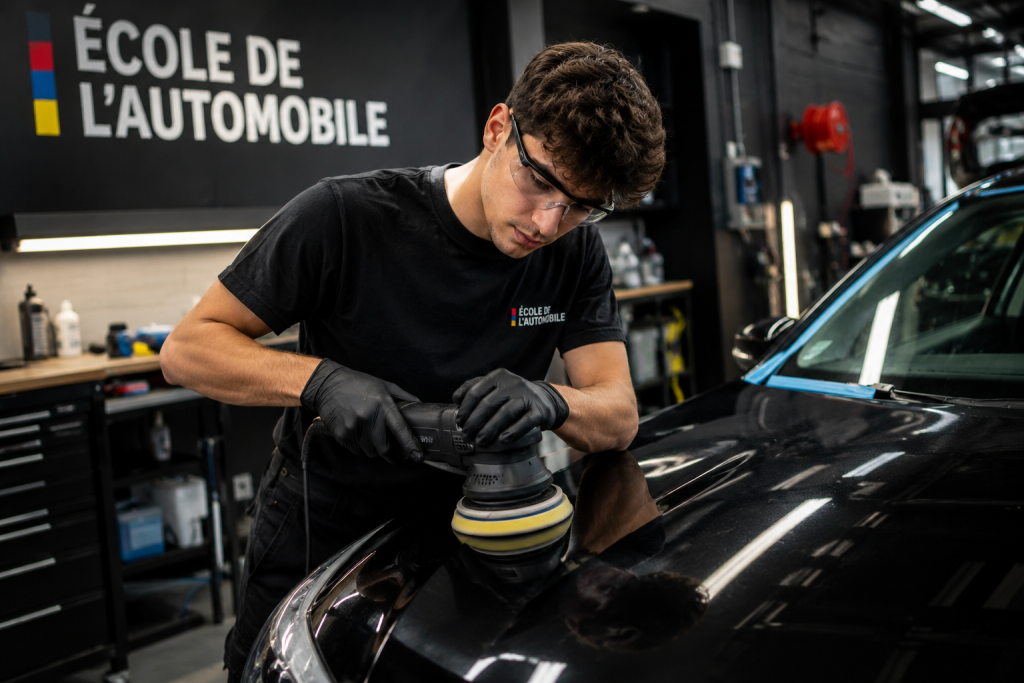 étudiant en formation mécanique automobile effectuant un entretien sur un véhicule