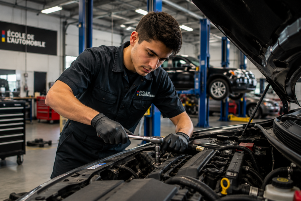 équipe de techniciens automobiles dans un garage moderne à Montréal