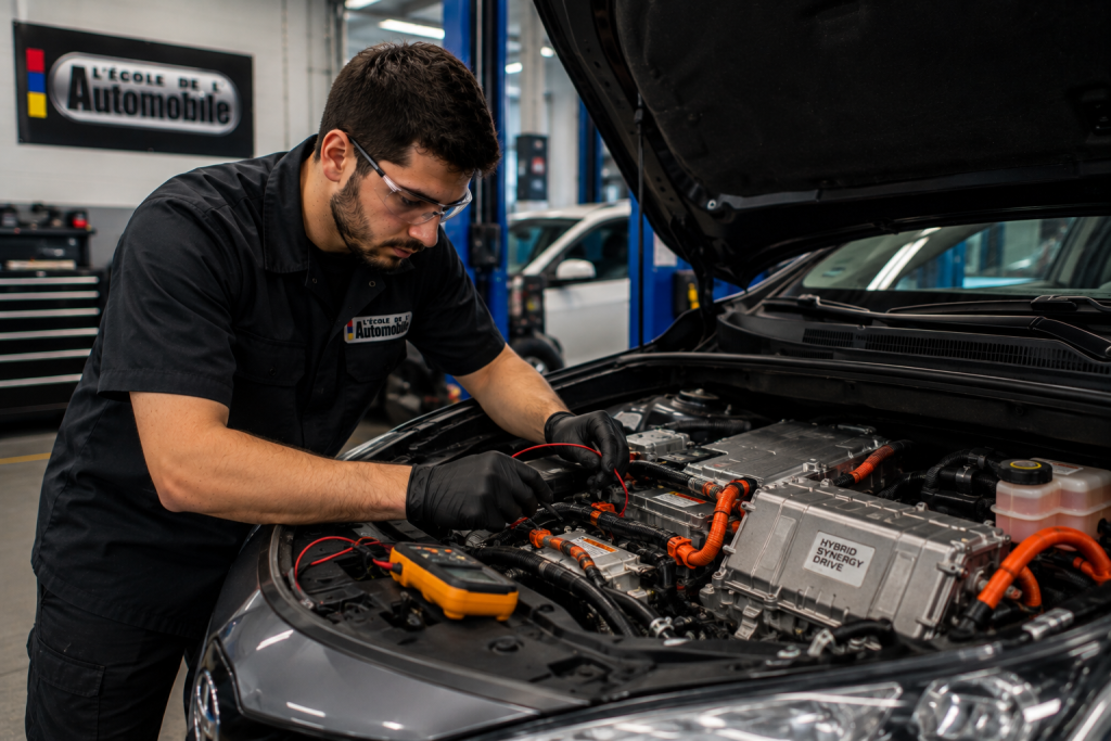 mécanicien travaillant sur les systèmes électriques d’un véhicule hybride