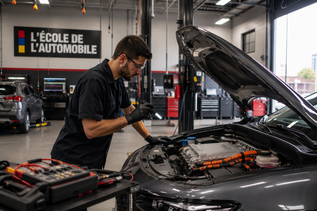 technicien automobile inspectant un véhicule électrique dans un garage moderne à Montréal