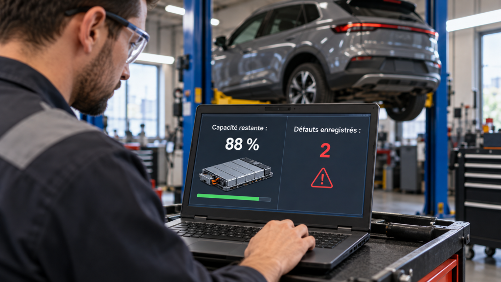 acheteur vérifiant l’autonomie affichée sur le tableau de bord d’un véhicule électrique usagé