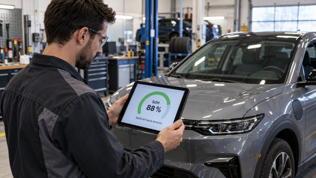 technicien consultant le rapport d’état de santé de la batterie d’une automobile électrique d’occasion