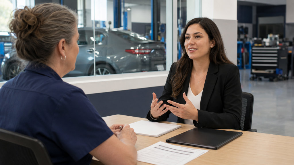 étudiante en formation de conseiller technique automobile pratiquant une entrevue d’embauche