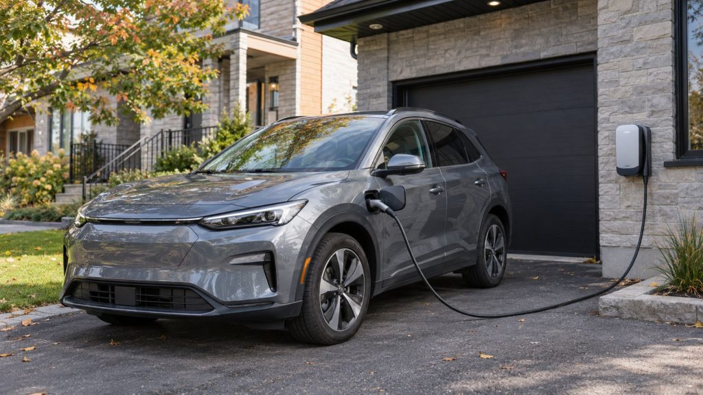 Voiture électrique branchée à une borne de niveau 2 devant une maison au Québec