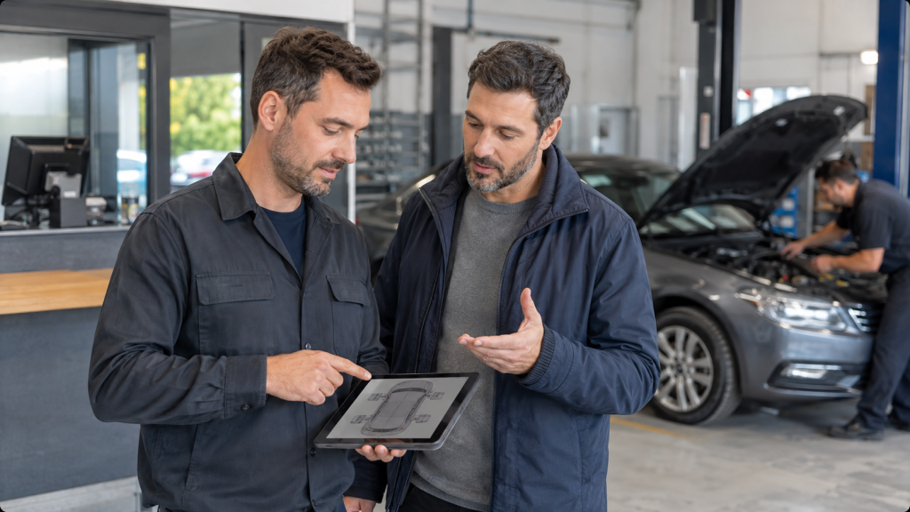 aviseur technique automobile expliquant une réparation à un client dans un garage