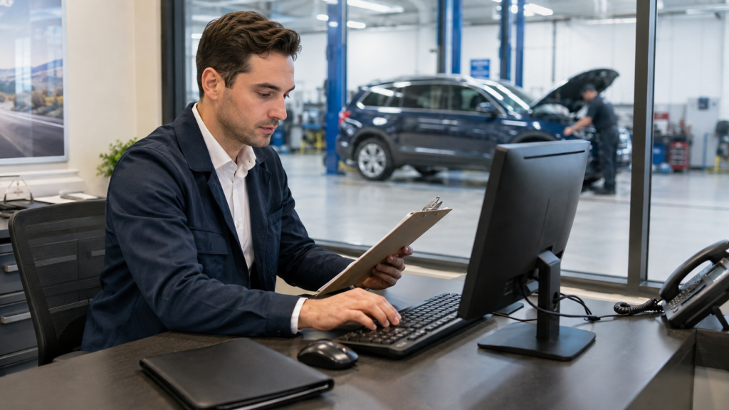 candidat à un emploi d’aviseur technique préparant un bon de travail automobile