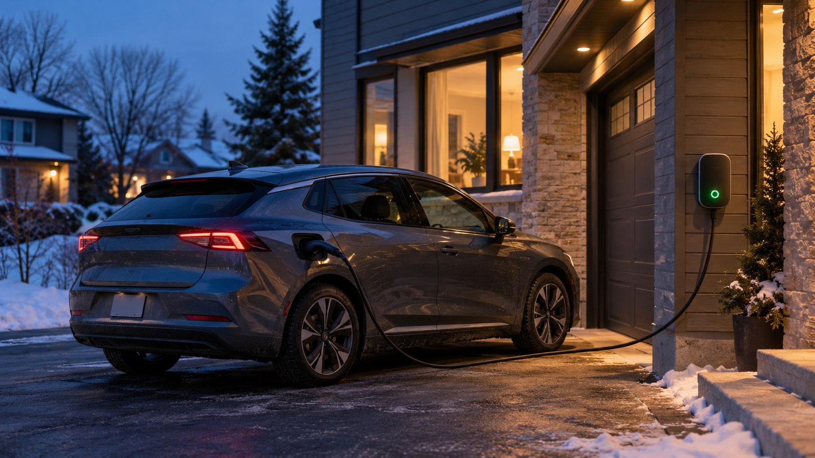 Voiture électrique branchée à une borne de niveau 2 devant une maison en hiver