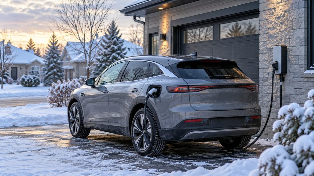 Voiture électrique branchée à une borne de recharge à domicile au Québec en hiver