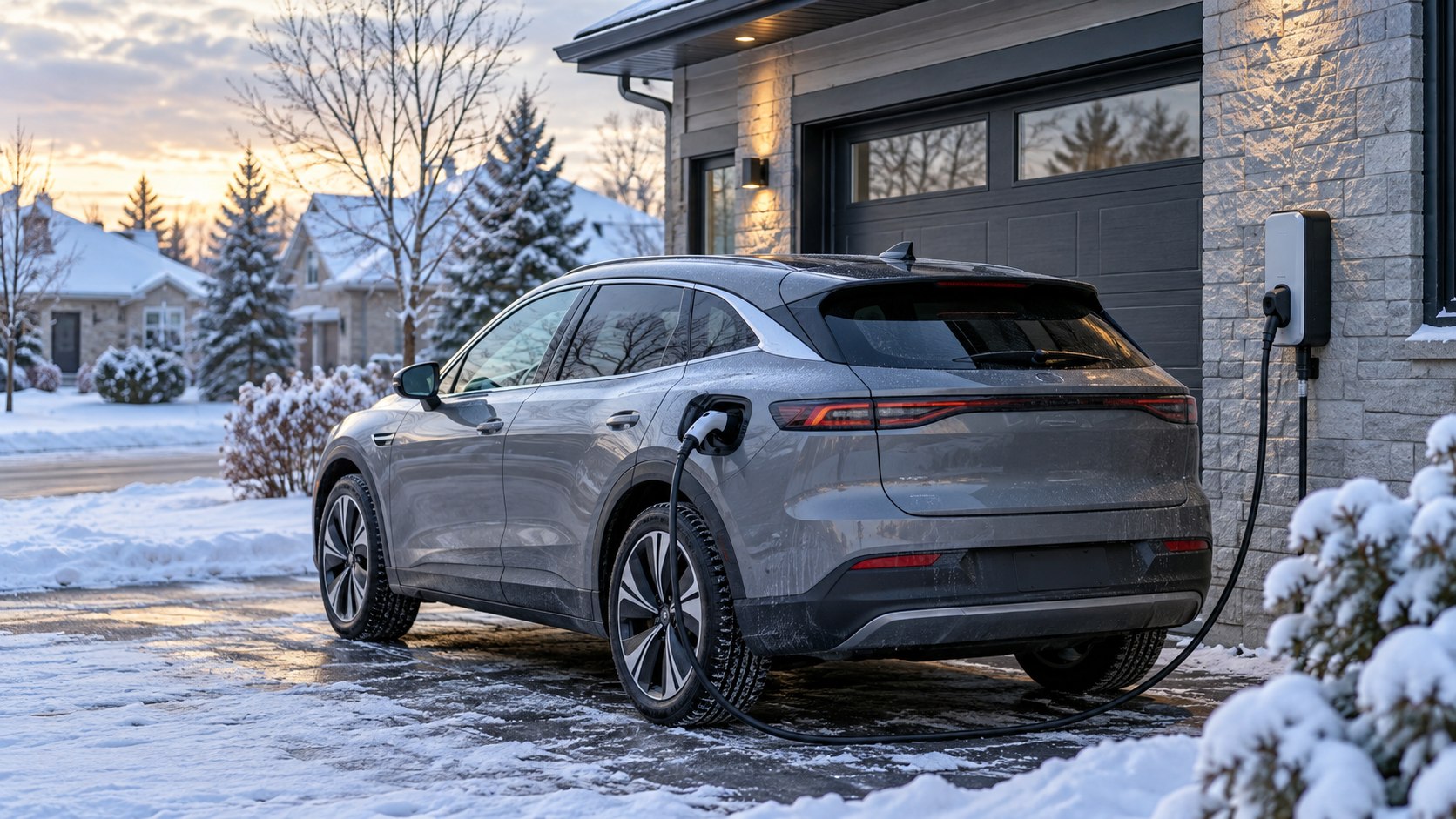 Voiture électrique branchée à une borne de recharge à domicile au Québec en hiver