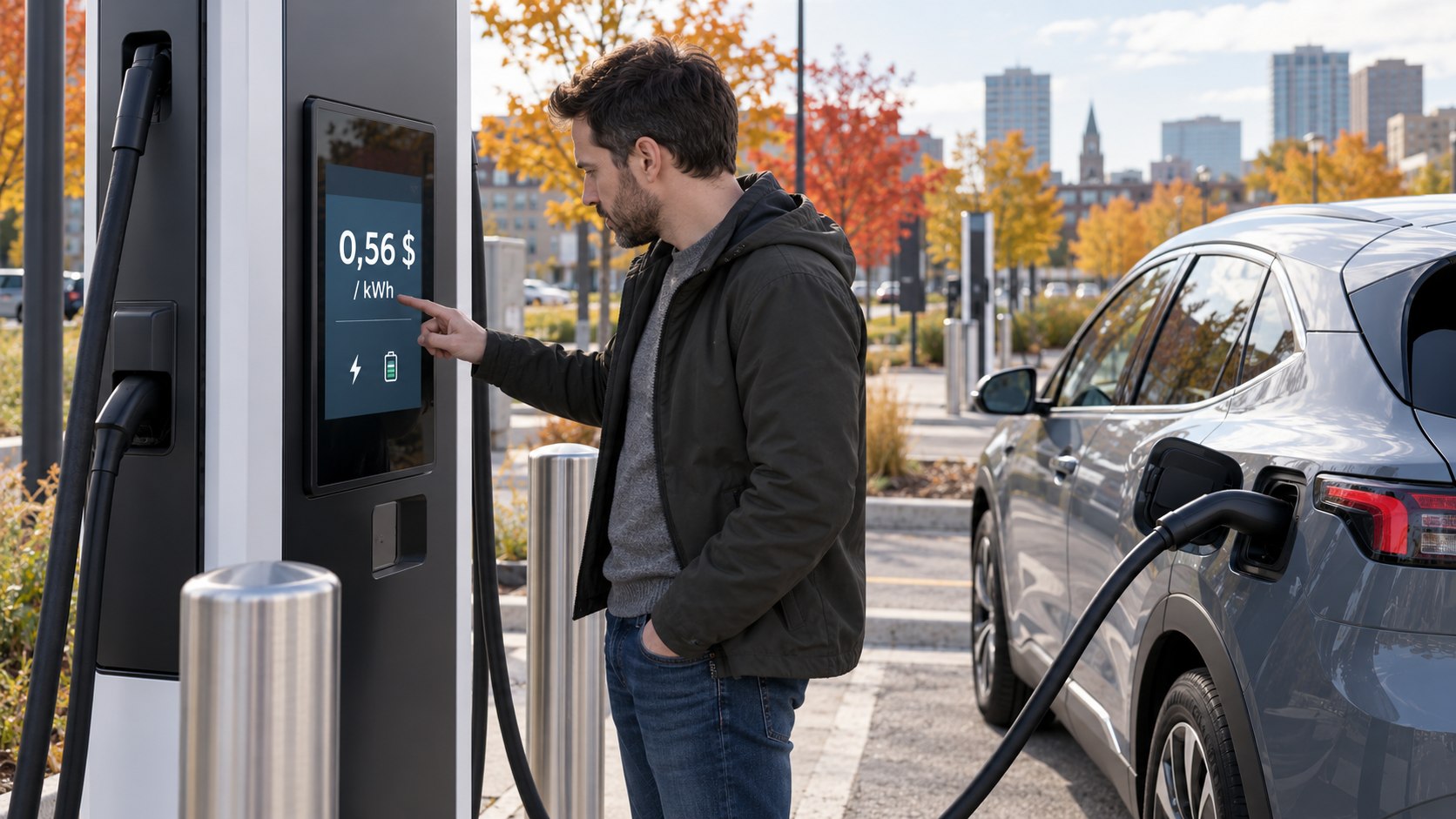 Conducteur consultant le prix d’une recharge rapide sur une borne publique au Québec