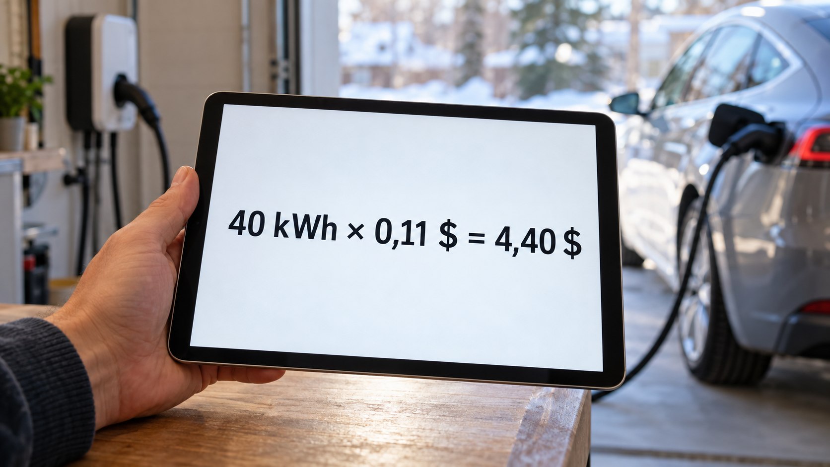 Écran affichant le calcul du coût de recharge d’une voiture électrique en kilowattheures
