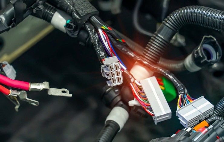 Câblage et connecteurs électriques dans le compartiment moteur d’une automobile