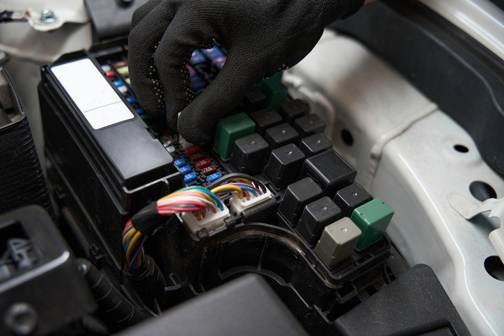 Technicien vérifiant un boîtier de fusibles et des composants électriques automobiles